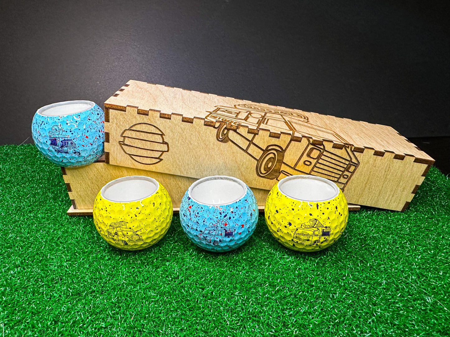 1/2 Ounce Shot Glass: Vice Goofball Drip - Set of 4 with wood case - 1/2 Ounce Shot Glass: Vice Goofball Drip - Set of 4 with wood case - GolfBallGuts