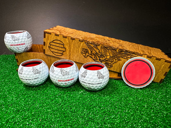 1/2 Ounce Shot Glass: Taylormade Year of the Dragon - Set of 4 with wood case and Premium Marker - 1/2 Ounce Shot Glass: Taylormade Year of the Dragon - Set of 4 with wood case and Premium Marker - GolfBallGuts