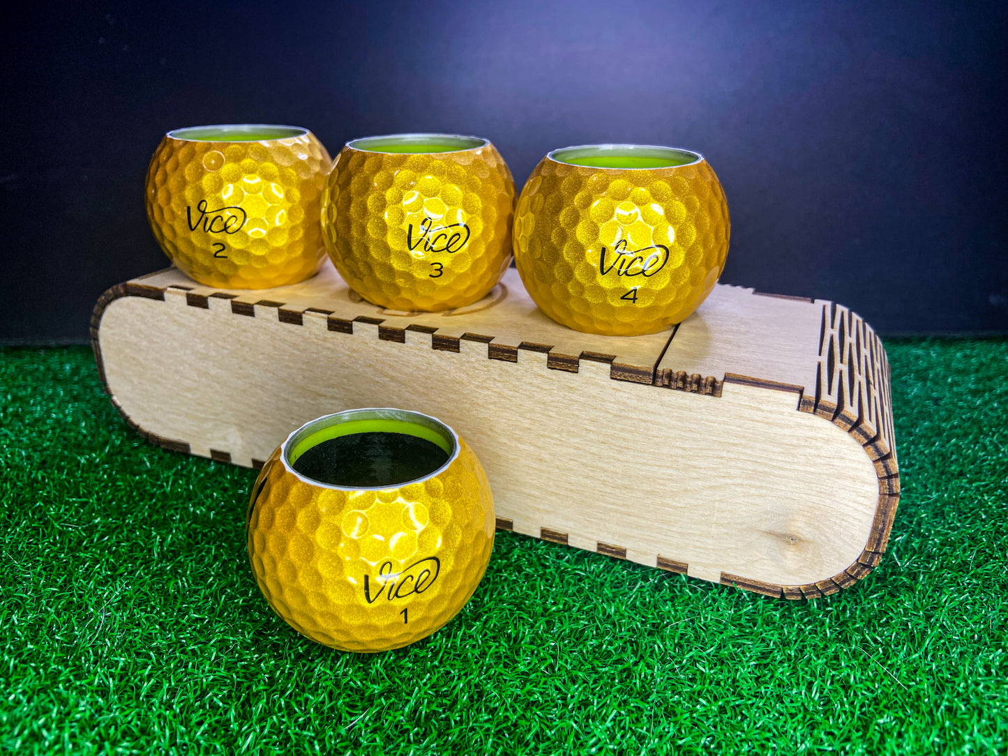 1/2 Ounce Shot Glass: Vice Gold (Set of 4 with wood case) - 1/2 Ounce Shot Glass: Vice Gold (Set of 4 with wood case) - GolfBallGuts