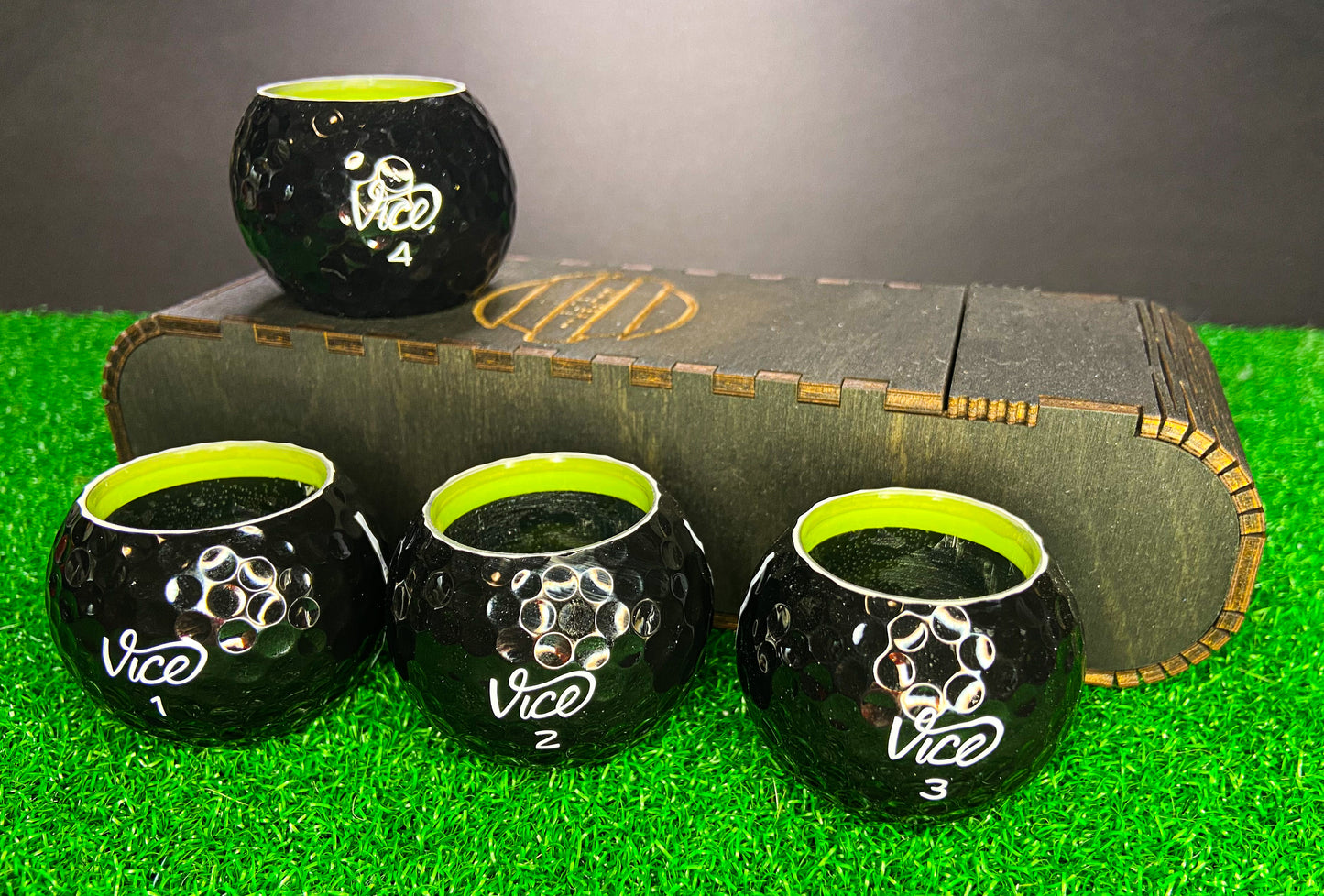 1/2 Ounce Shot Glass: Vice Pro Plus Black - Set of 4 with wood case - 1/2 Ounce Shot Glass: Vice Pro Plus Black - Set of 4 with wood case - GolfBallGuts